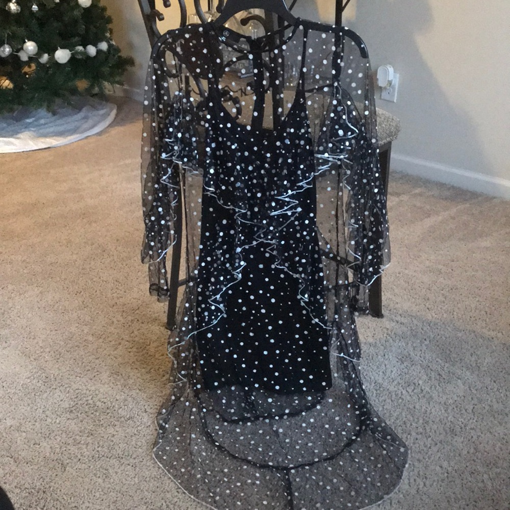 Black Slip Dress with White Polkadot Mesh Cover
